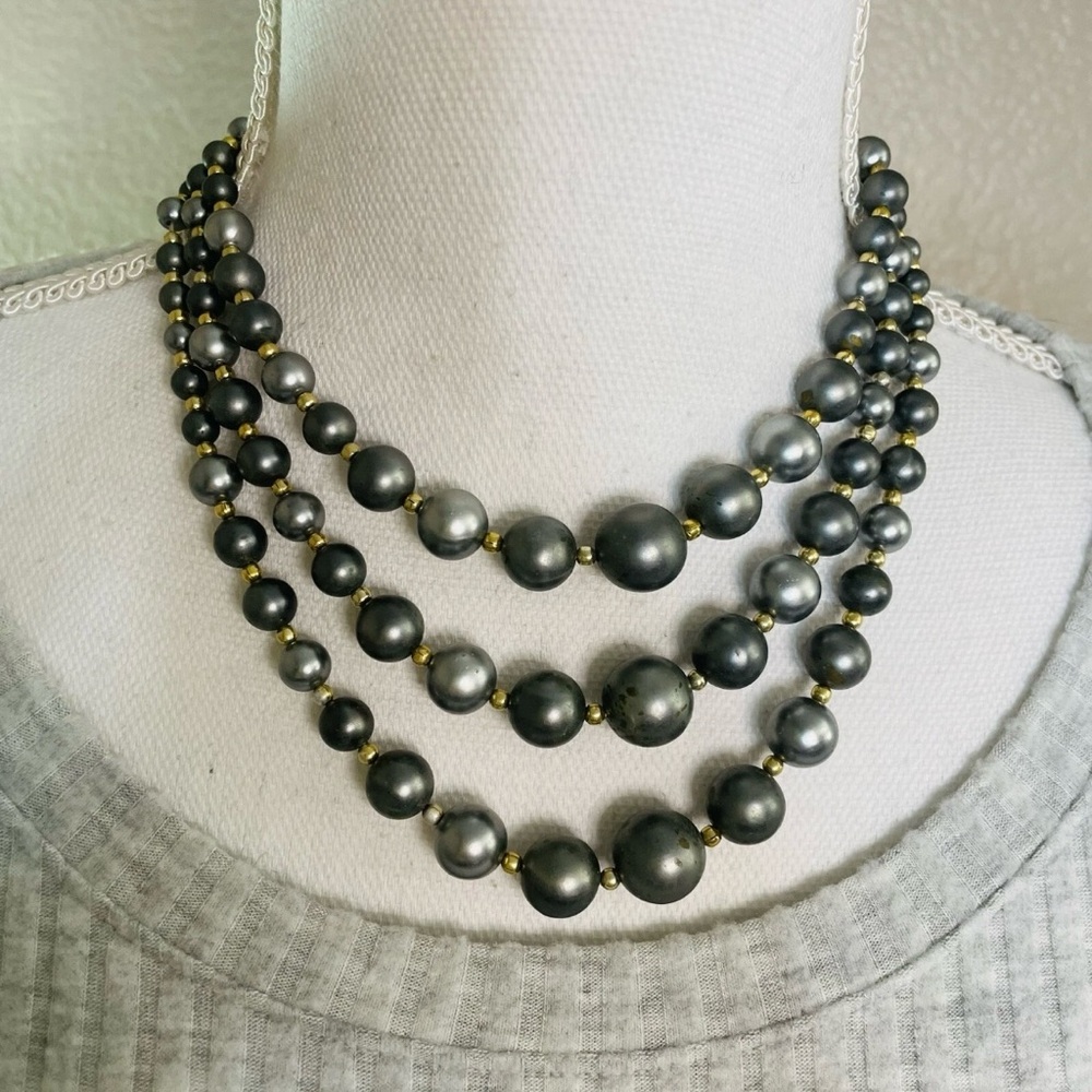 Vintage Faux Gray Pearls w/ Gold Details Triple Strand Costume Necklace Japan
